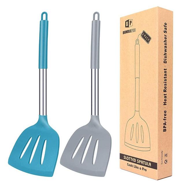 Pack of 2 Silicone Spatula, Non Stick Solid Kitchen Turner, High Heat Resistant BPA Free Cooking Slotted Spatulas, Ideal Cookware for Fish Eggs Pancakes (Large Slotted Spatula-Gray-Blue)
