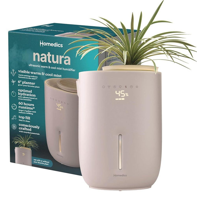 Homedics Natura Ultrasonic Warm & Cool Mist Humidifier, 1.3-Gal for Large Rooms, 60-Hr Runtime, Plant Holder, Programmable Humidity, Auto Shutoff, Nightlight Small Plant Compatible(Plant Not Included)