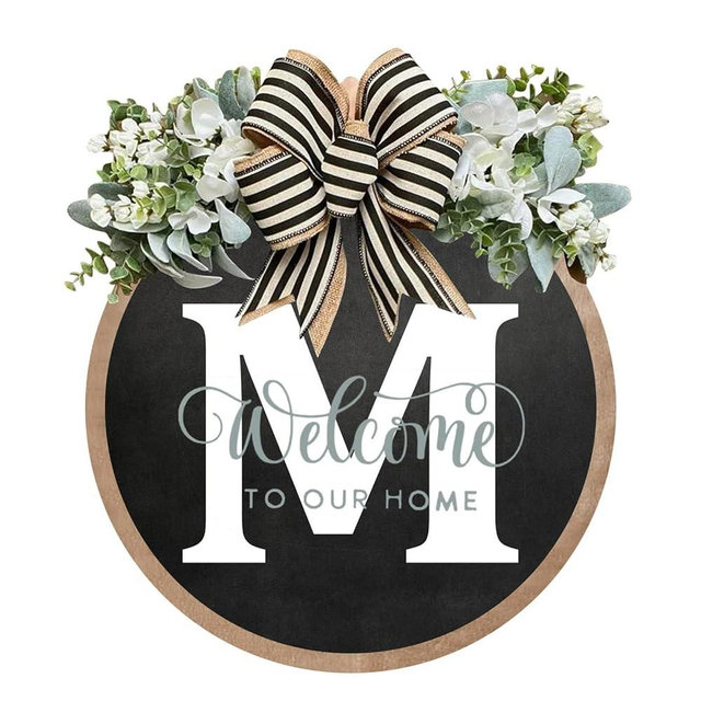 Circular Surname Front Door Welcome Sign - 26 Letter House Wreath, Front Porch Decorations, Year-Round Home Decor (M)
