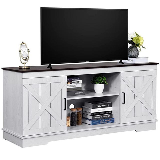 YITAHOME 59.5” Farmhouse TV Stand for 65 Inch TV, Mid Century Modern Entertainment Center with Double Barn Doors, Rustic TV Media Console Storage TV Cabinet for Living Room, Grey White/Coffee
