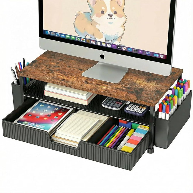 ECOLOVI Desk Organizer and Accessories, 2-Tier Computer Monitor Stand Rise with Storage Drawer & 2 Pen Holders, Laptop & Printer Stand for Desktop, Workspace Organizers for Office Supplies (Brown)