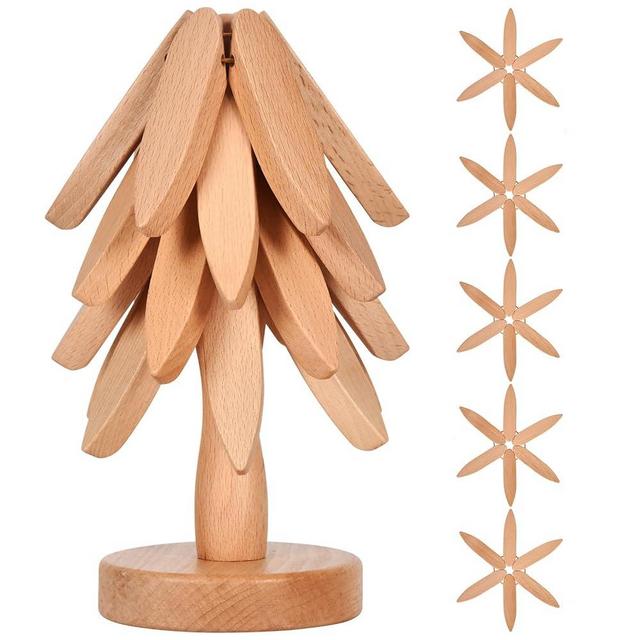 Wooden Trivets for Hot Dishes， Tree Shape Trivet Set,Trivets for Hot Dishes - 5 Wooden Trivet + 1 Stand（Beech Wood）