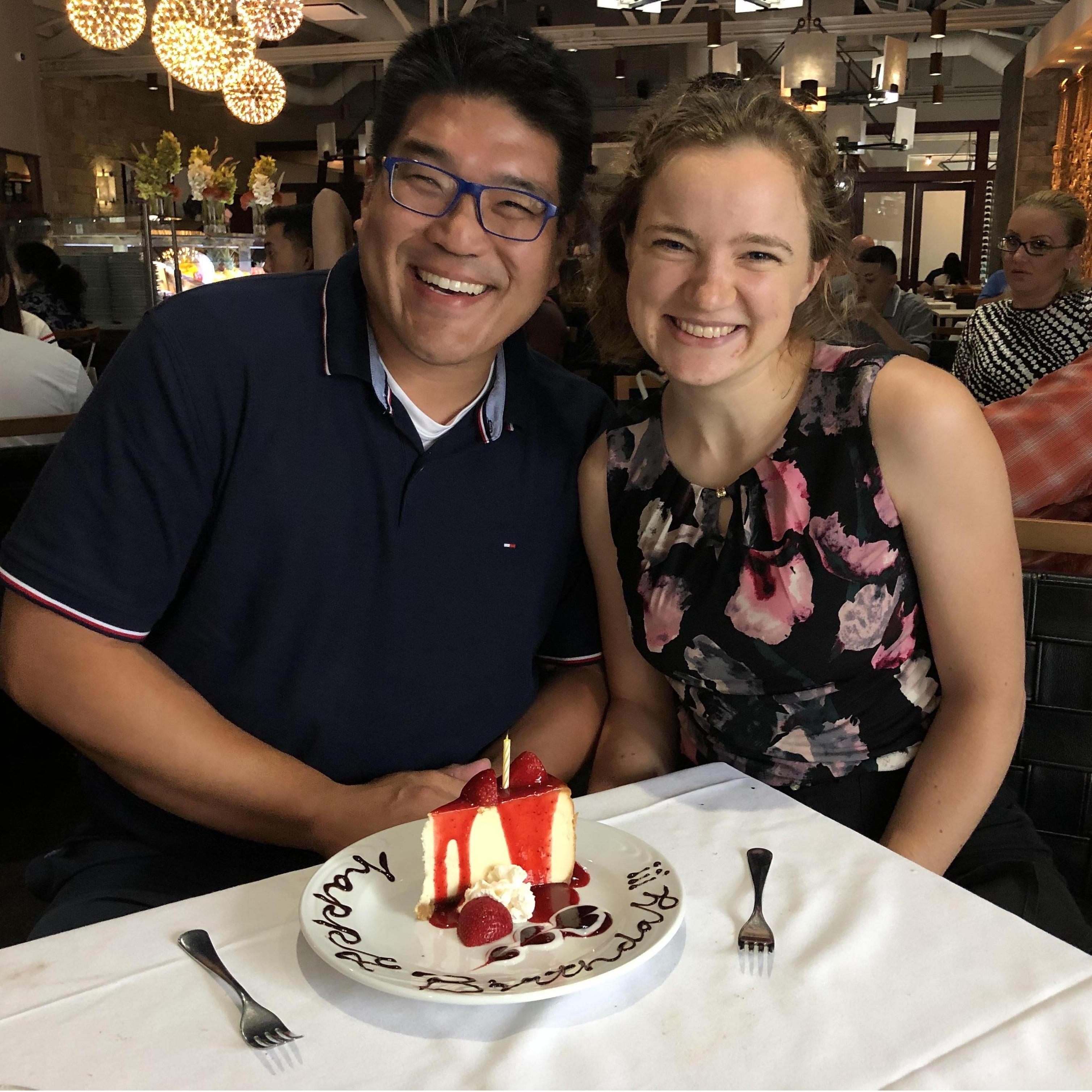 Somehow we both look amazing after celebrating Mike's birthday by stuffing our faces with unlimited Brazilian BBQ - soon to be united with this cheesecake