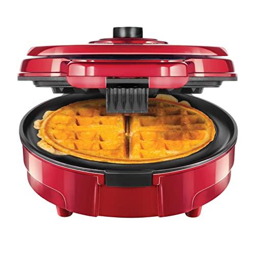 Chefman Anti-Overflow Belgian Waffle Maker w/Shade Selector, Temperature Control Mess Free Moat, Round Iron w/Nonstick Plates & Cool Touch Handle, Measuring Cup Included, Red