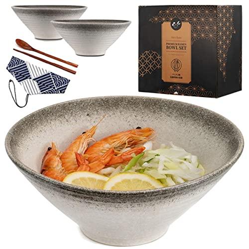 Ceramic Japanese Ramen Bowl set (8pcs) 60 ounce Large Noodle Soup Bowl, with Chopsticks and Spoon Set for Asian Pho Udon Soba (White)