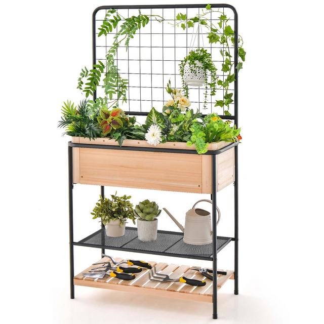 Costway 59" Raised Wooden Garden Bed with Metal Trellis Open Storage Shelves Drain Holes
