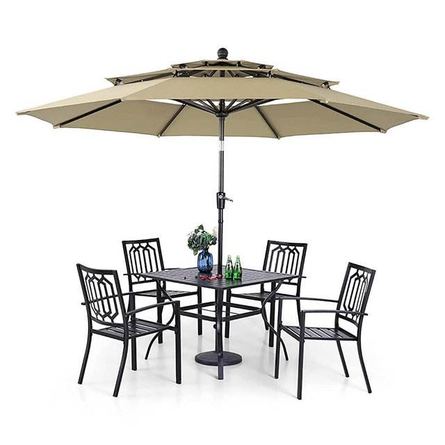 PHI VILLA Patio Dining Set 5 pcs with Umbrella(Beige),1 Square Metal Table& 4 Metal Outdoor Stackable Chairs and 1 10ft 3 Tier Auto-tilt Umbrella (Base Not Included)