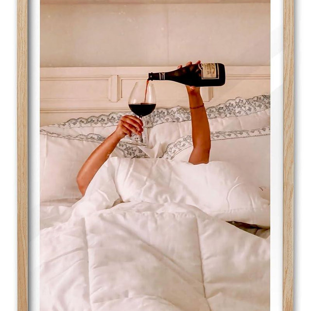 EcoHest Woman Drinking Wine in Bed Framed Wall Art, 12x16 in OAK Wood Feminist Alcohol Canvas Art, Trendy Teen Girl Bar Cart Print College Room Decor, Beige Logs Set of 1 For Bedroom Living Room