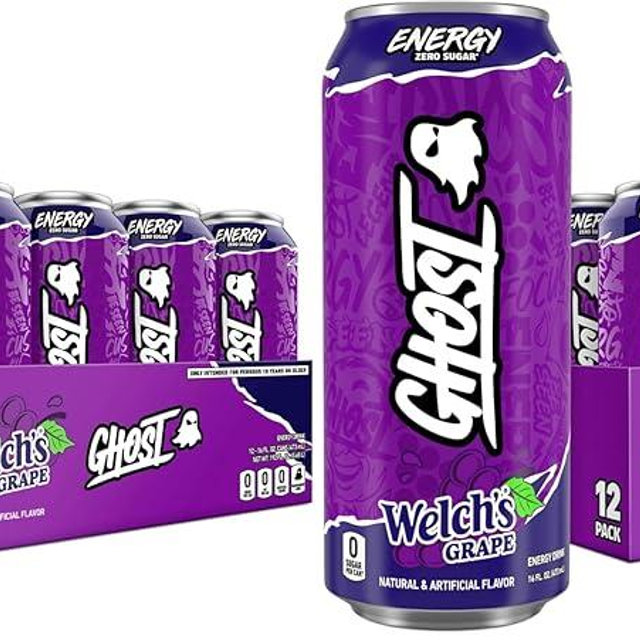GHOST Energy Drink -,Welch's Grape,16oz Cans - Energy & Focus & No Artificial Colors - 200mg of Natural Caffeine,L-Carnitine-& Taurine - Gluten-Free-& Vegan,(Pack of 24)