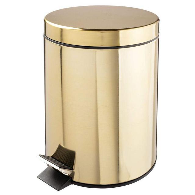 mDesign 5 Liter Round Small Metal Step Trash Can Wastebasket, Garbage Container Bin - for Bathroom, Powder Room, Bedroom, Kitchen, Craft Room, Office - Removable Liner Bucket - Soft Brass