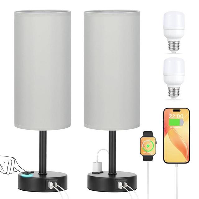 Grey Touch Table Lamps Set of 2-3 Way Dimmable Bedroom Lamps for Bedside with USB C and A Ports, Small Nightstand Lamps with AC Outlet, Desk Lamps with Black Base for Office Boys