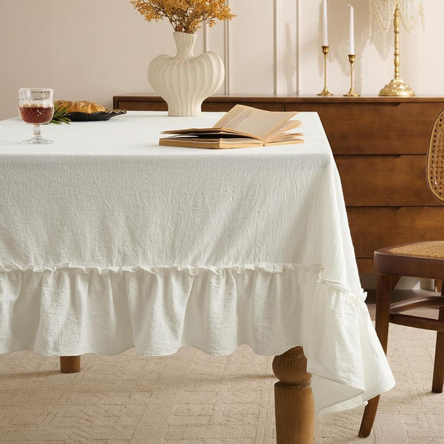 Romanstile Ruffle Rectangle Tablecloth - 60 x 84 Inch Farmhouse Vintage Washable Cotton Decorative Table Cloth with Flounces Trim for Dinner, Party, and Outdoor, White
