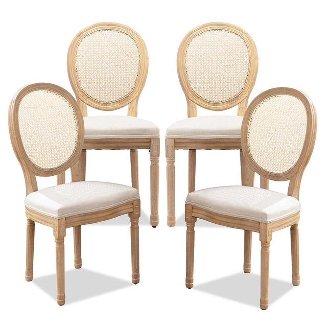 SoarFlash French Dining Chairs Set of 4, Vantage Dining Chair with Round Back, Farmhouse Country Rattan Dining Chair for Kitchen,Bedroom,Beige
