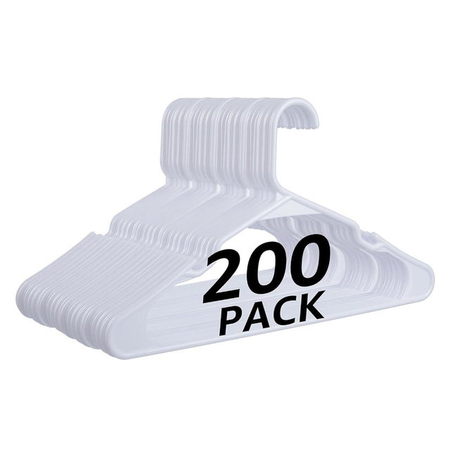 Our Modern Space 200 Pack Plastic Hanger for Shirt Pants Coats Dresses Skirts Suits Jackets - Standard Thick Coat Hanger - Sturdy & Durable Design with Shoulder Grooves Hook - White