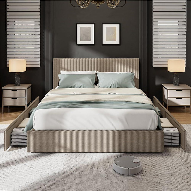 GarveeHome Bed Frame, Queen Size Platform Bed with 4 Storage Drawers, Upholstered Corduroy Channel Tufted Headboard Bed Frame with Strong Wooden Slat Support, No Box Spring Needed, Brown