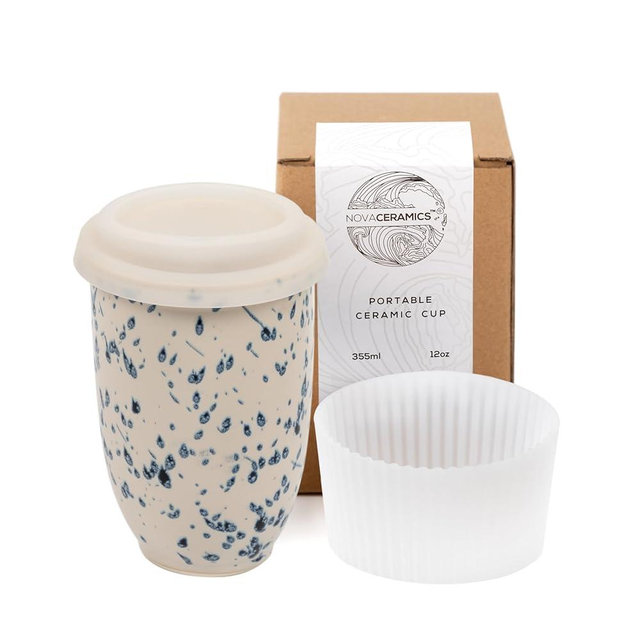 NOVA CERAMICS Travel Mug - Travel Size Mug – Reusable Coffee Mug Unique to Go Mug – Microwave & Dishwasher Safe Coffee White & Blue Tumbler - Gifts for Women Men Him Her – 12oz – Orchid