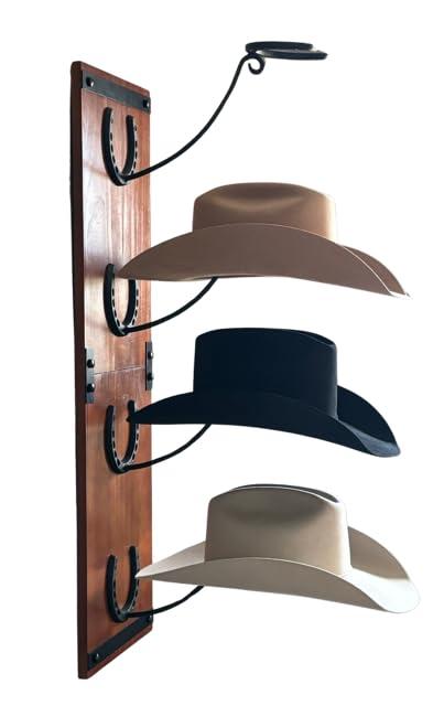 Cowboy Hat Rack For Wall Mount (34.6” x 10.1” x 13.5”) | Wood Cowboy Hat Holder | Hanging Western Hat Rack w/ Metal Accents & Screw Covers | Customizable Hat Organizer w/ Handmade Horseshoe Mounts