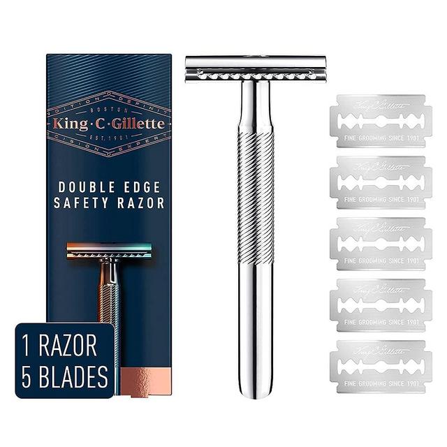 King C. Gillette Safety Razor with Chrome Plated Handle and 5 Platinum Coated Double Edge Safety Razor Blade Refills