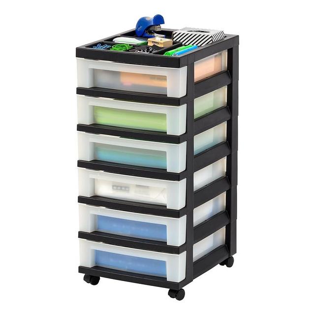 IRIS USA Plastic Drawer Storage Organizer Rolling Cart, with Wheels Casters, 6-Drawers, for Classroom Art Craft Supplies Dresser Closet Bathroom Dorm Bedroom Laundry Room, Black/Pearl