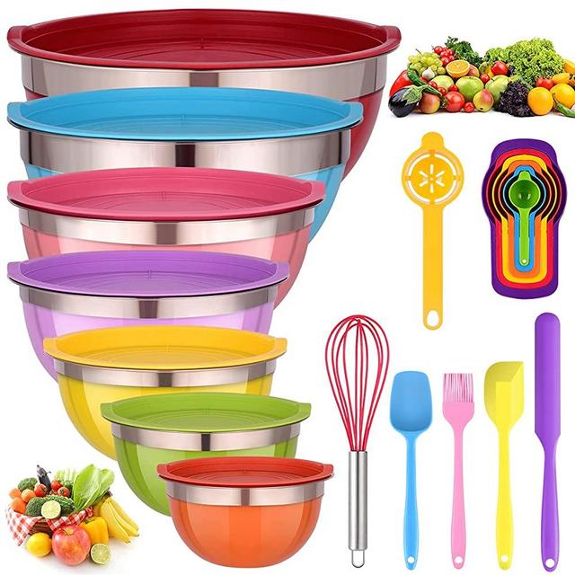 Mixing Bowls with Lids for Kitchen - 26 PCS Stainless Steel Nesting Colorful Mixing Bowls Set for Baking,Mixing,Serving & Prepping,Size 7, 5.5, 5, 4, 3, 2, 1.5QT,12 Colorful Cooking Utensils