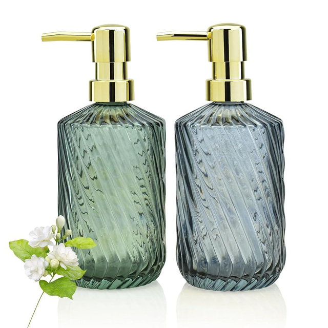 2 Pack Twill Soap Dispenser for Kitchen Sink, 15 oz Glass Bathroom Soap Dispenser with Pump, Modern Farmhouse Twill Style Bathroom Dispensers for Home Decor, Bathroom, Kitchen Countertop, Hotel
