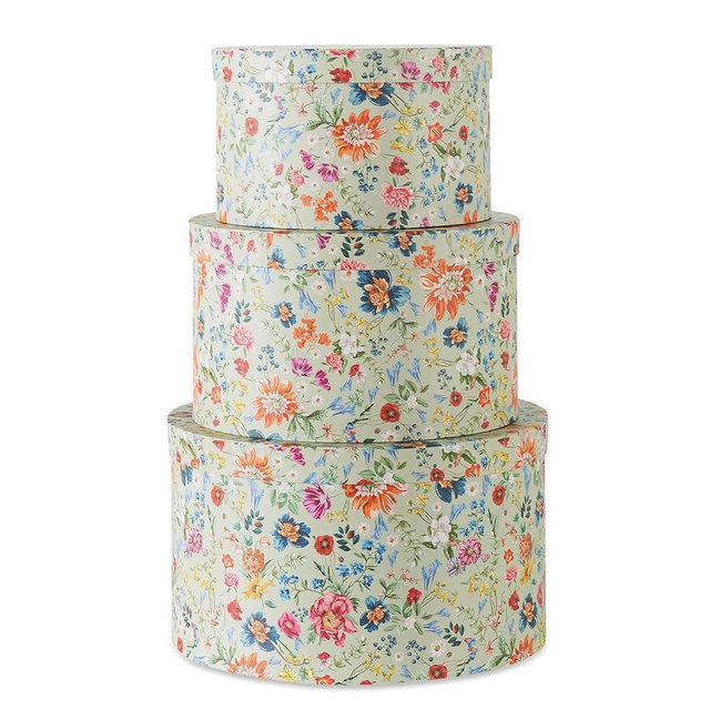 Soul & Lane Botanica Bliss Green Round Hat Boxes with Lids - Set of 3 Nesting Cardboard Hat Storage, Boho Floral Print Cases, Circle Stacking Decorative Keepsake Boxes