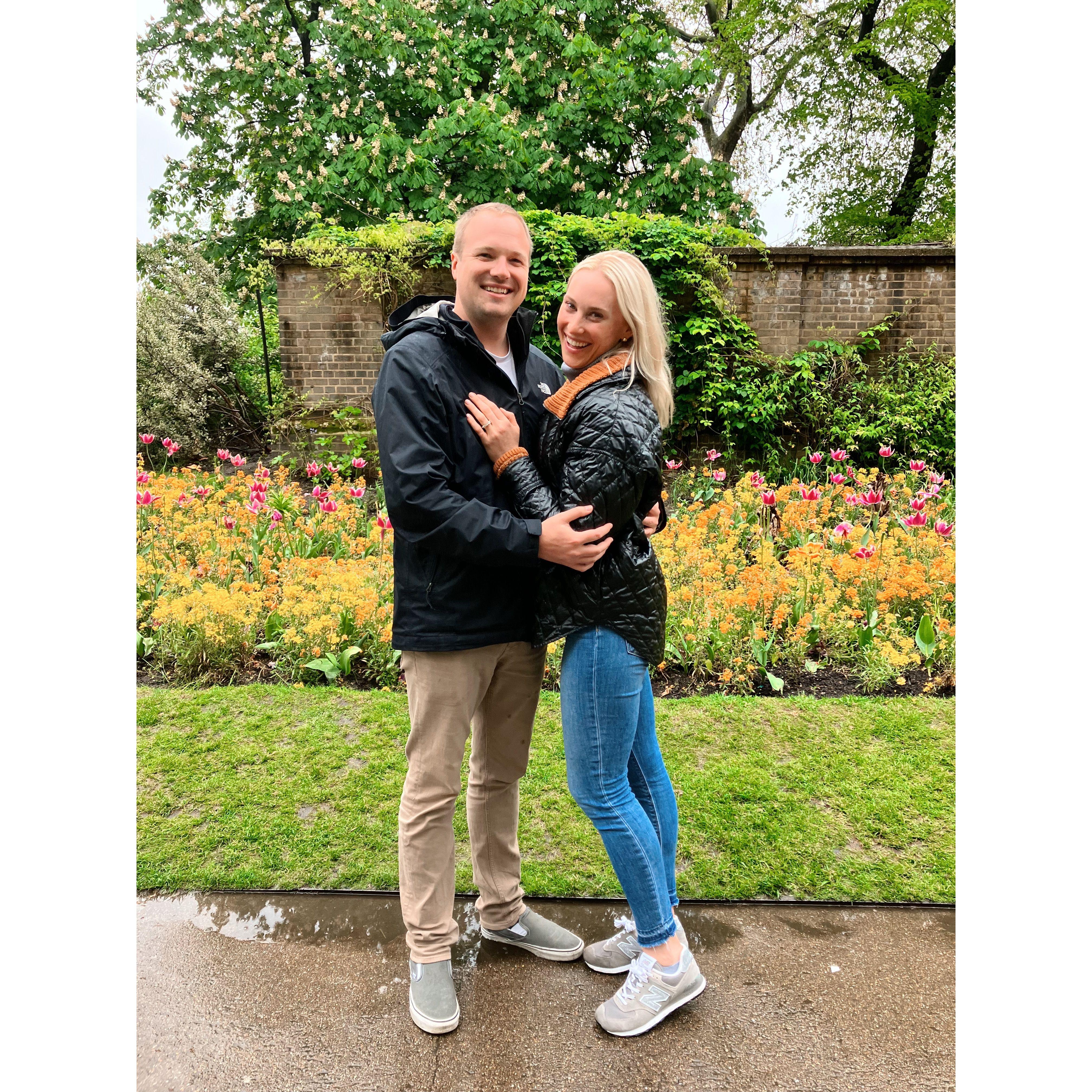 We got engaged in London on May 6th in a picturesque garden overlooking the Thames River! Afterwards, we celebrated with cocktails at the beautiful Savoy Hotel!