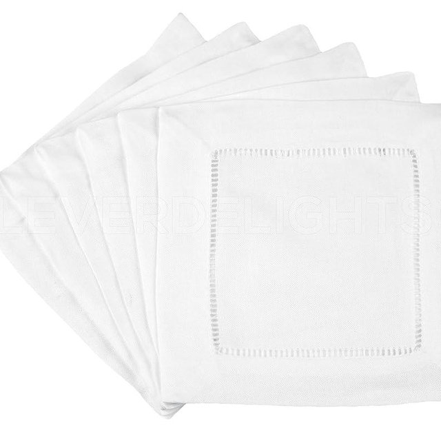 CleverDelights 6" White Cotton Hemstitch Cocktail Napkins - 12 Pack - 100% Cotton