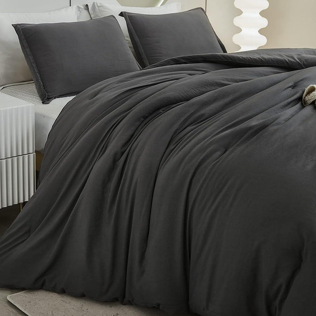 Litanika Comforter Set Dark Grey Oversized King Size, 3 Pieces Lightweight Solid Bedding Comforter Set, All Season Fluffy Bed Set (120x98In Comforter & 2 Pillowcases)