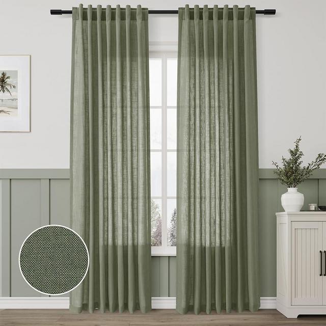 Linen Blend Green Curtains 84 Inches Long 2 Panels for Living Room Back Tab Pocket Light Filtering Sheer Privacy Olive Green Window Curtain Aesthetic Neutral Decor Muted Earthy Tone Drapery Bedroom