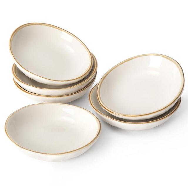 famiware Ocean Soy Sauce Dishes of 6, Oval Dipping Sauce Cups/Bowls/Dishes for Kitchen, 2.1oz Ceramic Small Bowls for Side Dishes, Appetizers, Snacks, and Sushi, Dishwasher Safe, Vanilla White