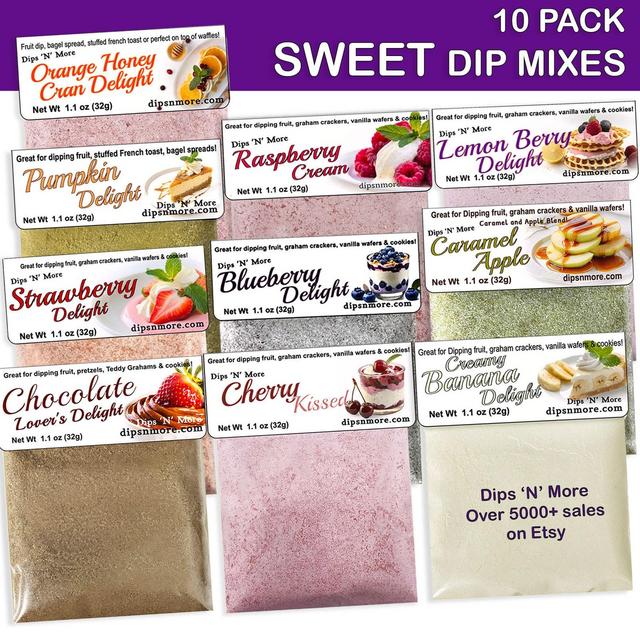 10 Sweet dip mixes, fruit dip mixes, dessert mixes, dry package dip mixes, great no-bake cheesecake, top of waffles, bagel spread, dips