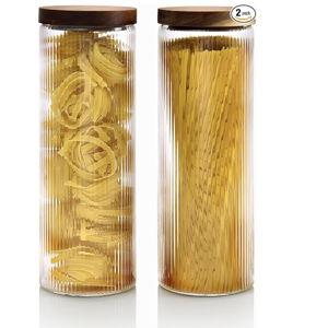 Mason & Fable Ribbed Glass Canisters or Spaghetti Jars with Airtight Wood Lid- Tall Storage Containers for Pasta, Cereal or Flour -Ideal for Kitchen/Pantry Organization - 60 fl.oz, Set of 2