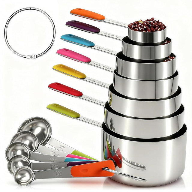 Bopei Measuring Cups and Spoons Set Stainless Steel 12 Piece for Cooking and Baking (7 Cups + 5 Spoons, Colorful Handles)