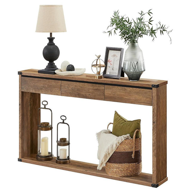 VASAGLE Sofa Console Table, 47.2 Inches Narrow Entryway Table with 3 Drawers, Bottom Shelf, Metal Corners, for Living Room, Bedroom, Farmhouse Style, Honey Brown ULNT143KB01S