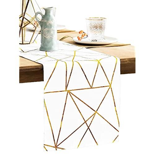 BOXAN Gorgeous 12" x 108" White and Gold Geometric Pattern Table Runner, Cotton Table Overlay for Modern Stylish Wedding Party Holiday Table Setting, Bridal & Baby Shower Home Kitchen Table Decor