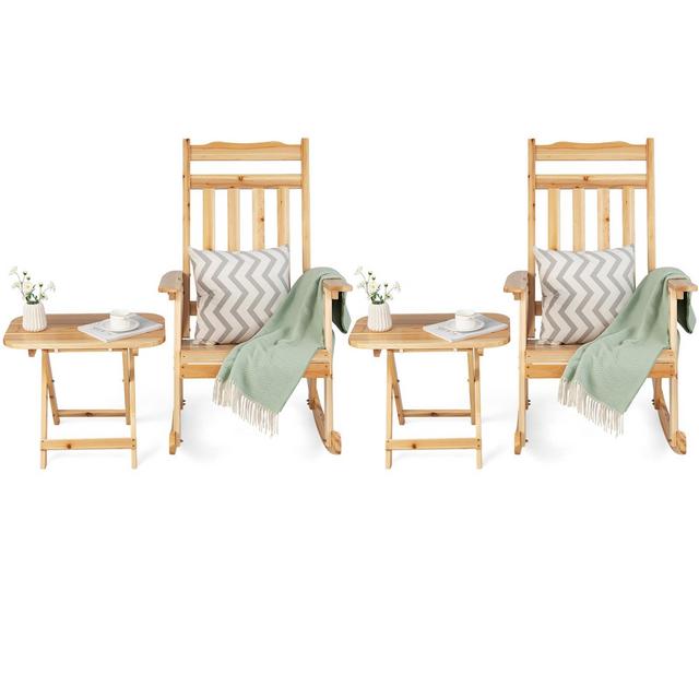 Costway 4PCS Patio Wooden Rocking Chair Bistro Set High Backrest with Folding Side Table Natural