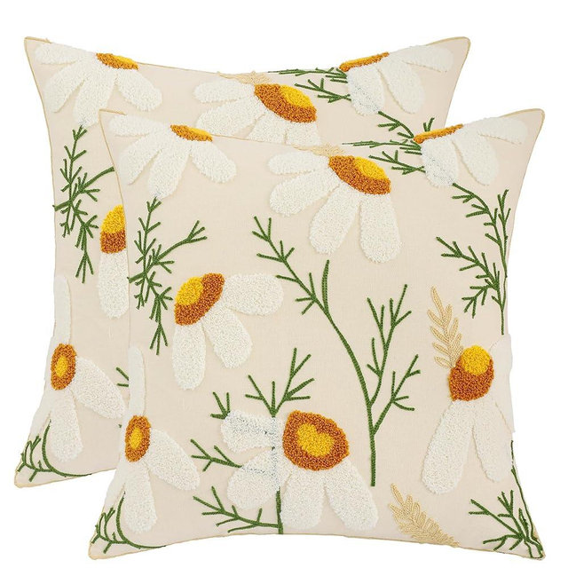 LUOYEHK Embroidered Throw Pillow Covers 18x18 Inch Pack of 2 White Daisy Decorative Pillow Cases Spring Farmhouse Floral Tufted Cushion Covers for Couch Sofa Bed Living Room