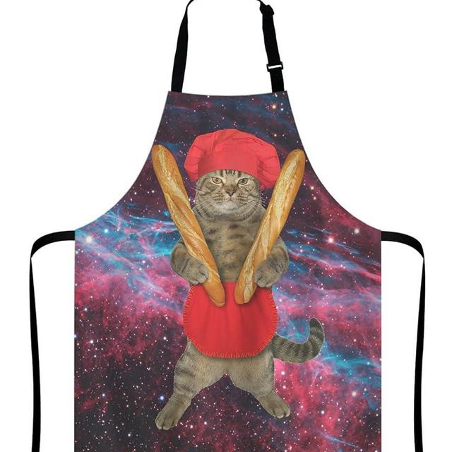 Lefolen Funny Cat Apron, The beige cat baker in a red chef hat and apron is holding two loaf of french bread Apron Home Kitchen Waterproof Cooking Baking Gardening for Women Men