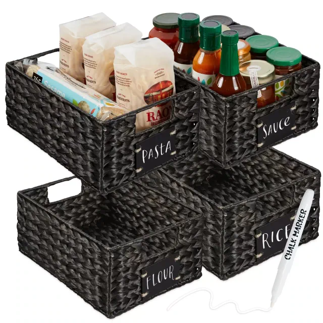 Best Choice Products Set of 4 12in Woven Water Hyacinth Pantry Baskets w/ Chalkboard Label, Chalk Marker - Black