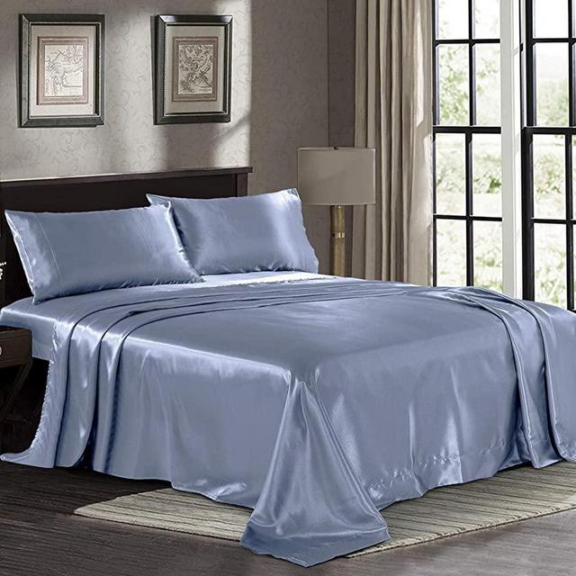 Satin Sheets Queen [4-Piece, SkyBlue] Hotel Luxury Silky Bed Sheets - Extra Soft 1800 Microfiber Sheet Set, Wrinkle, Fade, Stain Resistant - Deep Pocket Fitted Sheet, Flat Sheet, Pillow Cases
