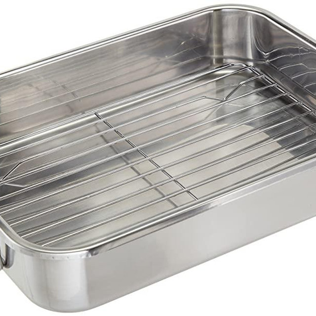 ExcelSteel Multiuse with Rack and Foldable Handles for Easy Storage Stainless Steel Roasting Pan, 12.5", Stainless