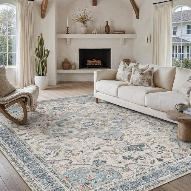 PureCozy Blue 8x10 Area Rug for Living Room Vintage Machine Washable Large Rug Non-Slip Soft Low Pile Carpet Floral Stain Resistant Indoor Office Throw Rug for Bedroom Dining Room Nursery