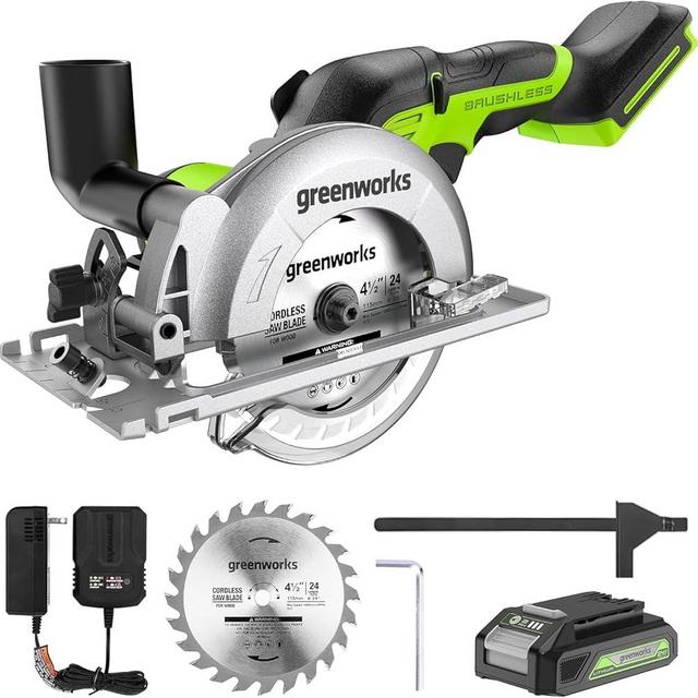 Greenworks 24V 4-1/2" Compact Circular Saw, 6500 RPM Brushless Mini Circular Saw,2.0Ah Battery and Compact Charger Included