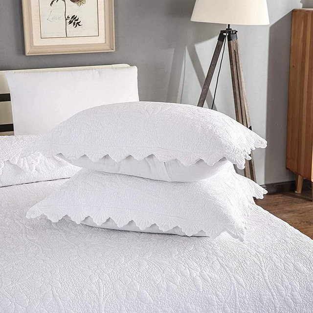 Brandream Quilted Pillow Shams Cotton Set of 2 White Standard Size Shabby Vintage Farmhouse Decorative Pillow Covers Full Queen Size