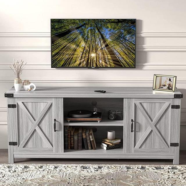 YESHOMY Modern Farmhouse TV Stand with Two Barn Doors and Storage Cabinets for Televisions up to 65+ Inch, Entertainment Center Console Table, Media Furniture for Living Room, 58 Inch, Gray Wash