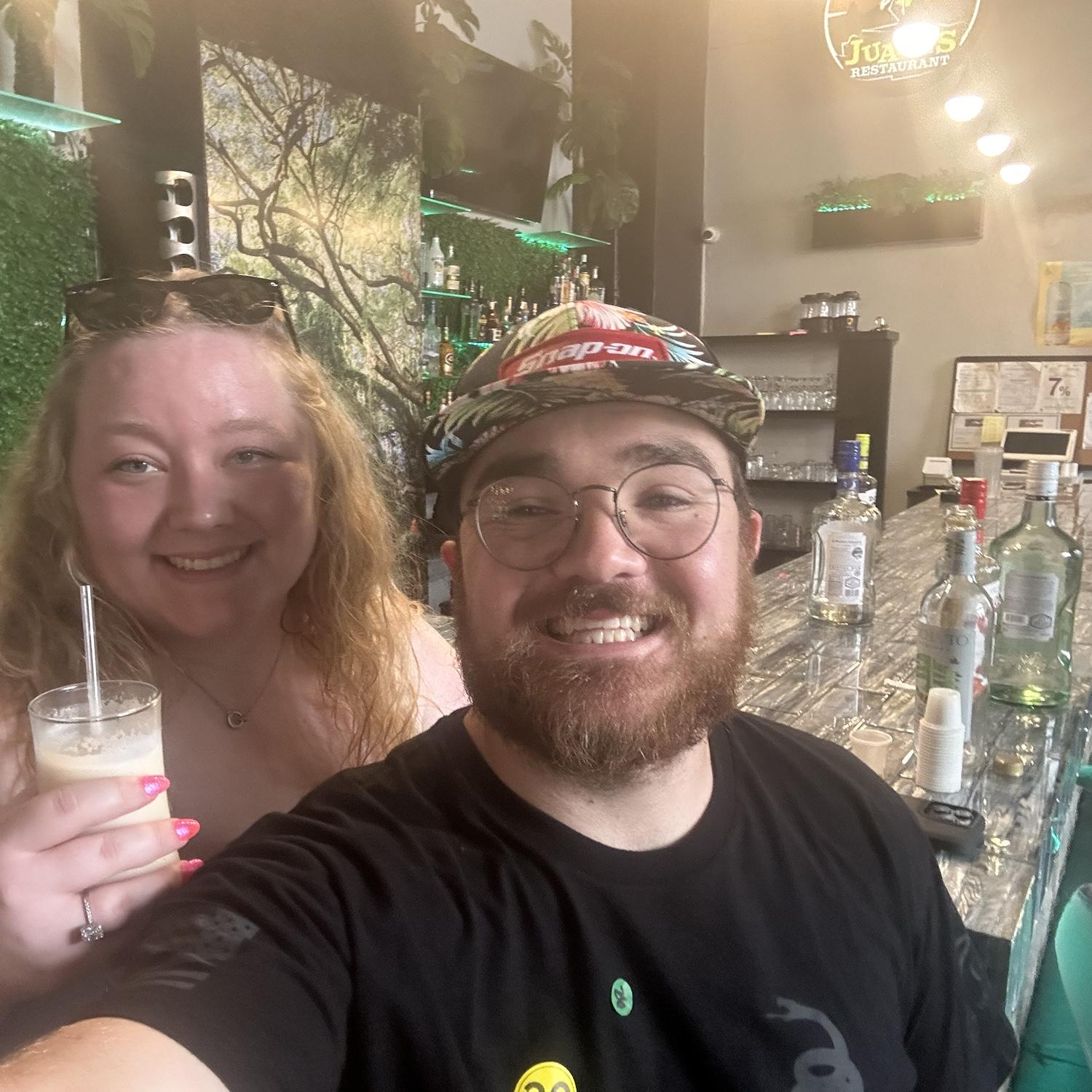 From Puerto Rico when we tried different drinks in a bar. Austyn had a Pina Colada, and Caleb had a Rum & Coke