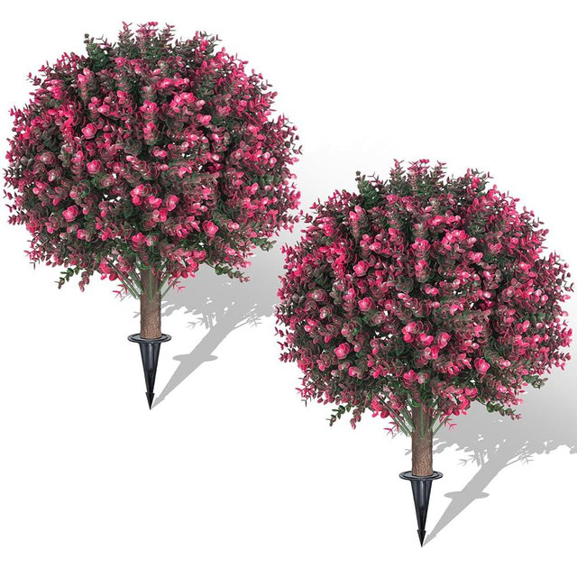 AOKIIE Set of 2 Artificial Rose Boxwood Topiary Ball Bush for Outdoor with Ground Spike 22", UV Resistant Faux Greenery Shrubs, Fake Rose&Green Boxwood Plants for Garden, Yard, Porch, Patio Decor