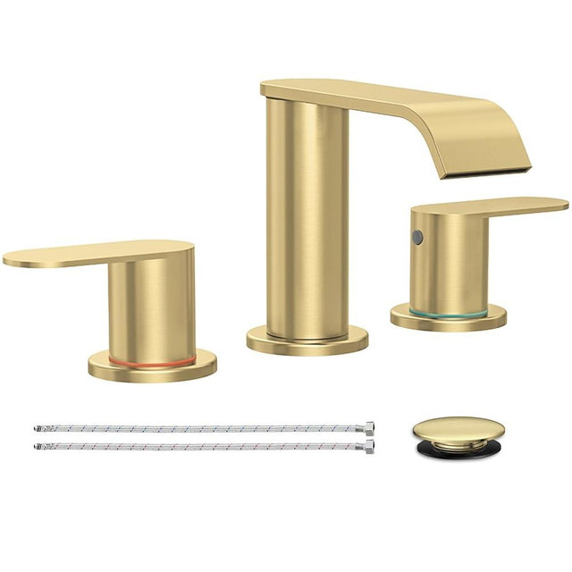 Brushed Gold Bathroom Faucet 3 Hole 8 Inch Widespread Waterfall Bathroom Sink Faucets 2 Handles with Pop-up Drain and Supply Lines for Bath Vanity Commercial Lavatory Rv Restroom by Homevacious