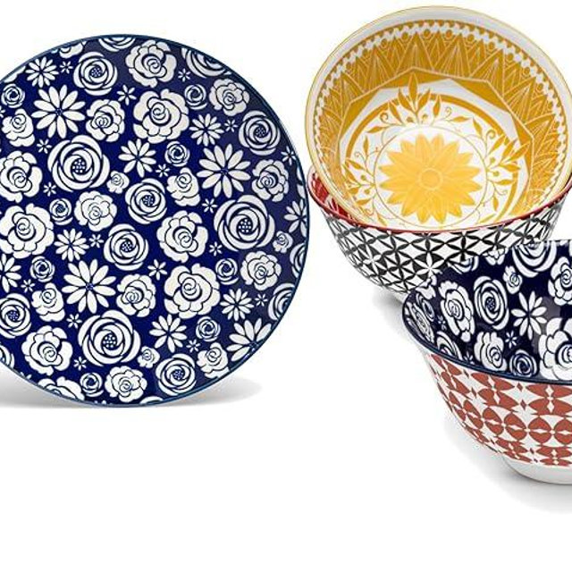 Annovero Cereal Bowls, Salad Plates. Cute and Colorful Porcelain Dishes for Kitchen, Microwave and Oven Safe. Bundle